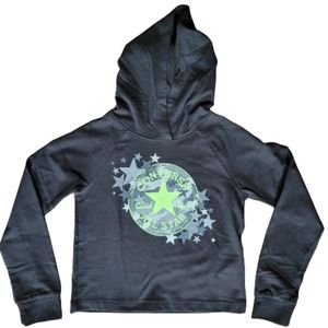 Converse Hoodie Cropped Pullover Long Sleeve Black Chuck Patch  Girls Large  NEW